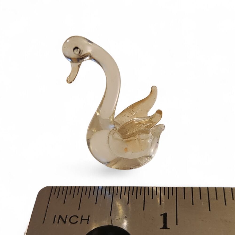 Vintage Miniature Murano Style Glass Swan Figurine Clear Gold Art Glass Bird